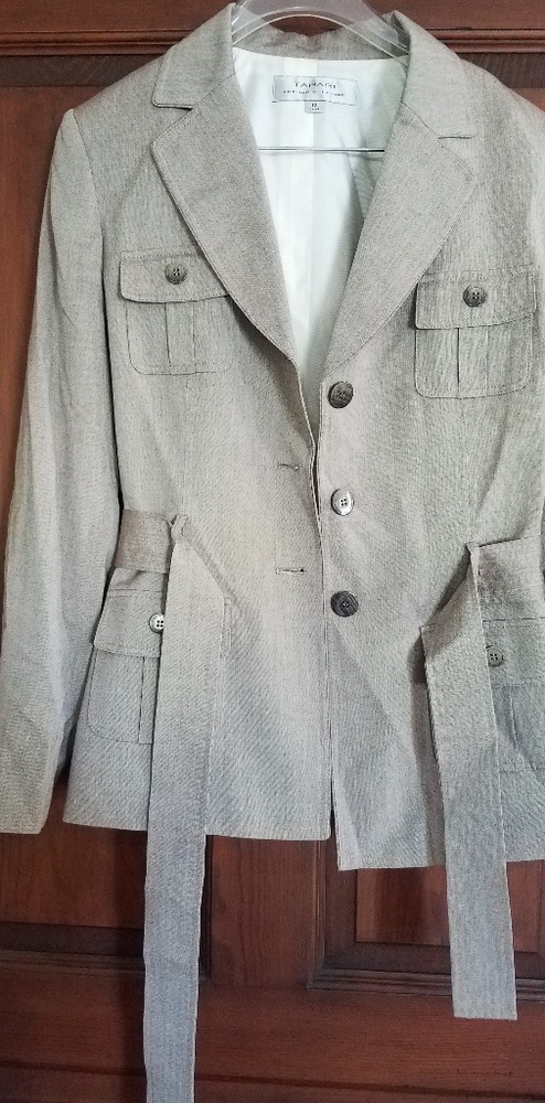 Tahari tan pant suit.  Belted jacket. Sz 12.